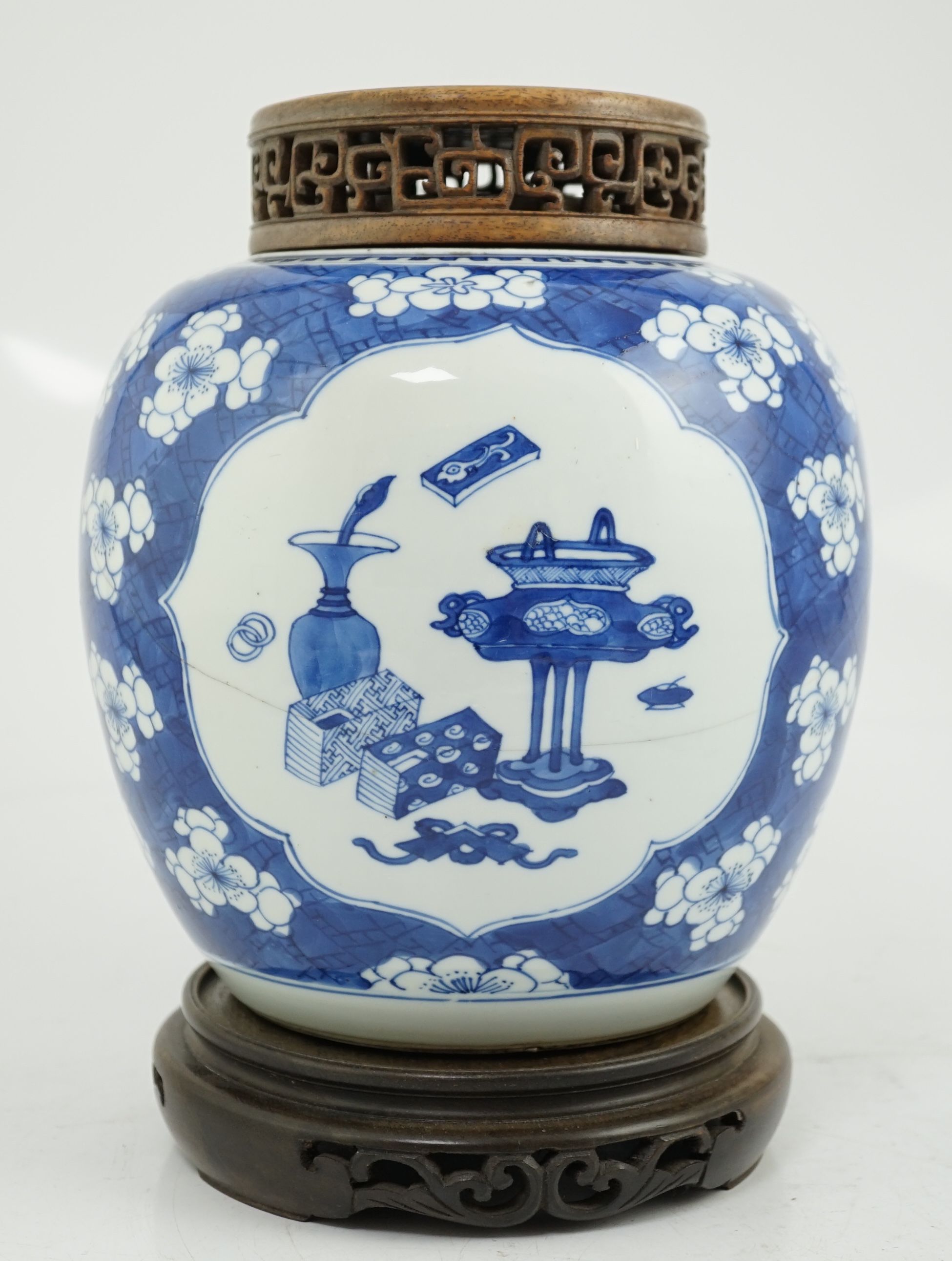 A Chinese blue and white ‘Antiques’ jar, Kangxi period, cracked